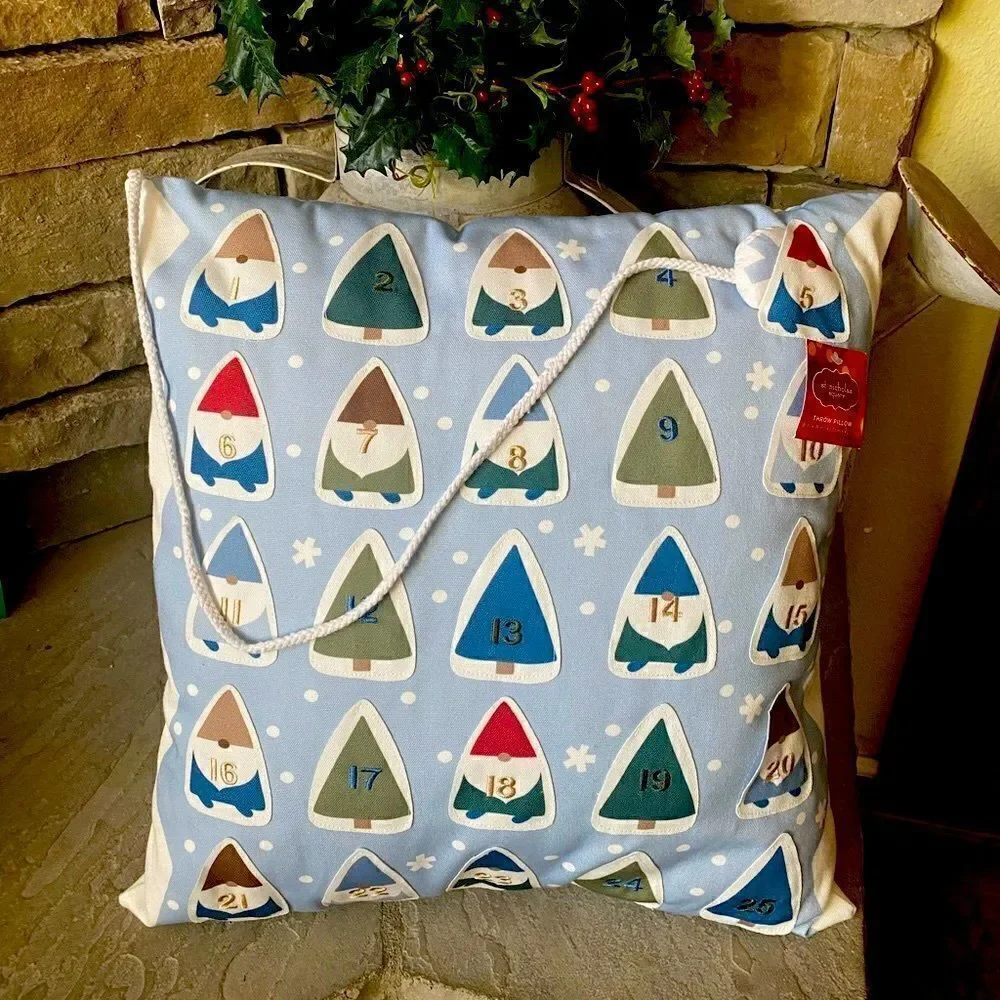 St Nicholas Square Blue Gnomes Advent Calendar Holiday Throw Pillow 18